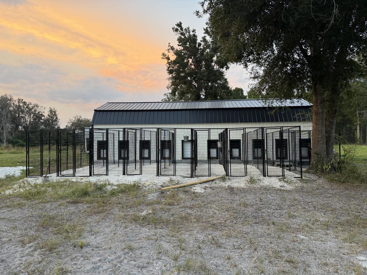 The kennel building at sunset